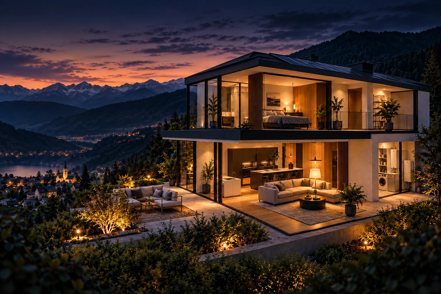 Generierte architektonische Beispielsituation eines modernen Hauses am Abend